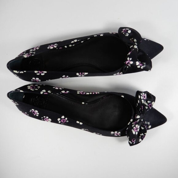 TORY BURCH Rosalind Bow Ballet Flats Size 8.5 Run Small Satin Black Floral NEW - Picture 15 of 16